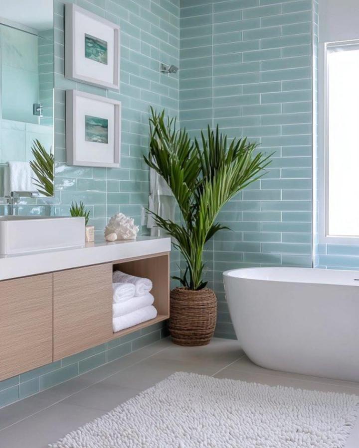Coastal blue subway tile bathroom with natural wood vanity and greenery from Plumbing Reads. Calm and fresh blue bathroom decor ideas.