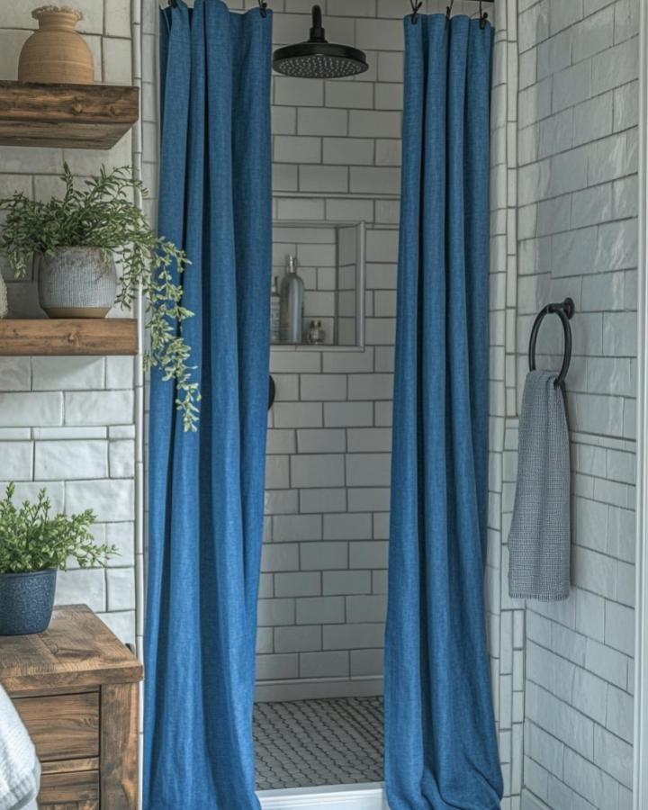 Cerulean fabric shower curtains in bathroom by Mighty Paint crisp white tile walls natural wood shelves blue bathroom decor ideas