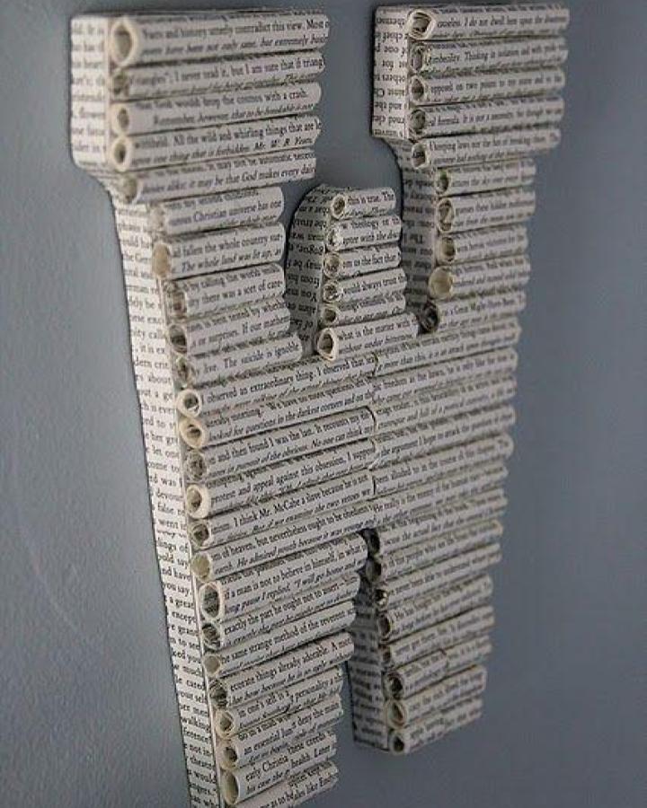 Rolled and curled book pages form textured letter wall art from Little Things Bring Smiles vintage style paper craft with layered detail