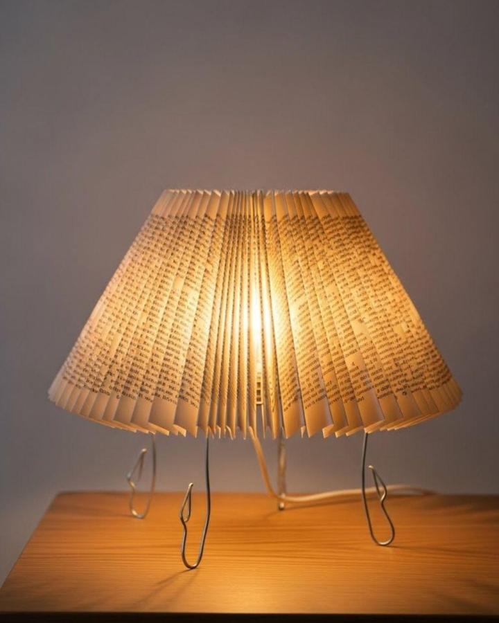 Vintage folded book page lamp with wire legs from Fizzy Flare glowing with warm light book page home decor crafts