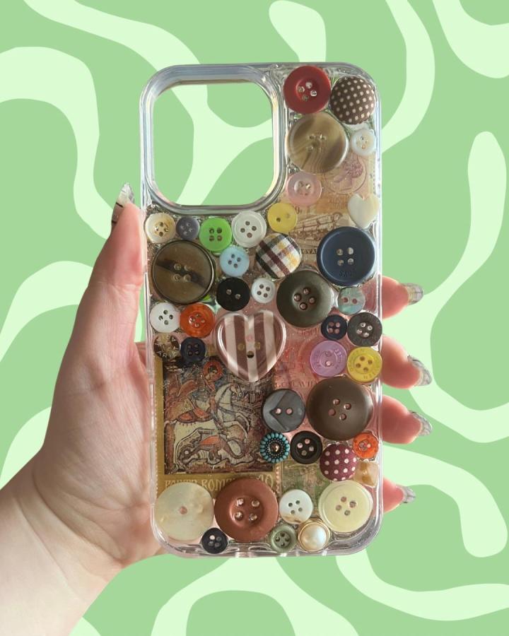 Colorful vintage button collage phone case from @unluckycharms.shop showing unique button crafts for adults with mixed patterns and textures.