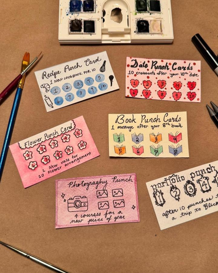 Watercolor punch cards with hand-drawn icons and numbers from @emiliamariehome for craft night themes for adults creative inspiration and rewards.