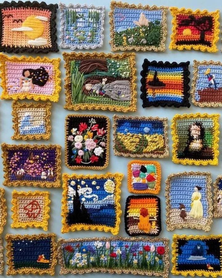 Tiny colorful crochet wall hanging ideas from @crochetoutfitter showing framed miniature scenes with ruffled edges and detailed stitching.