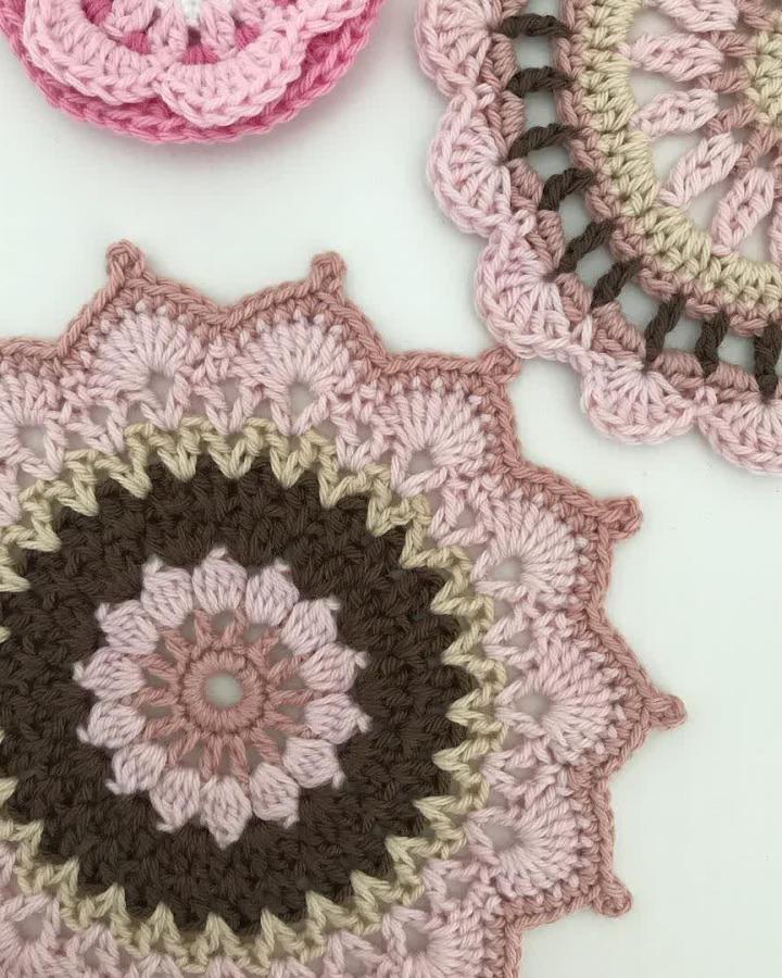 Soft pink and brown crochet mandalas from Crochet Pattern 005 showing delicate floral design crochet wall hanging ideas.