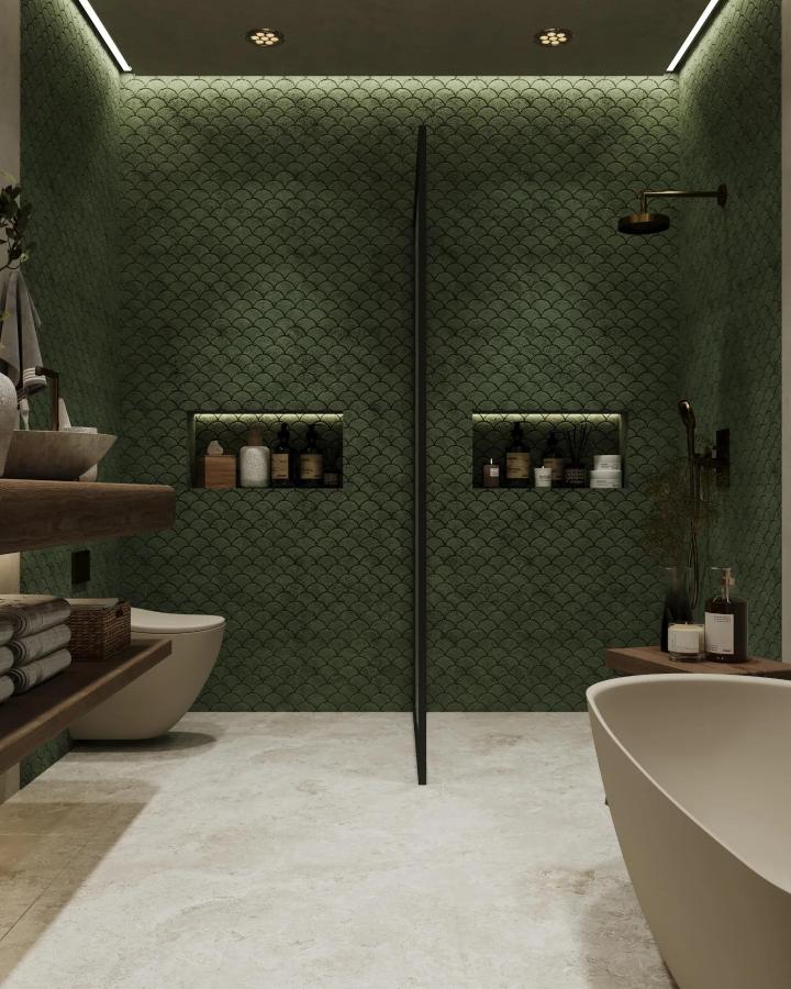 Green textured fish scale tile walls in a modern bathroom by @fatemeh.dehghan.architect with natural wood and stone accents.