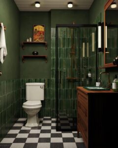 Deep green glossy tiles and matte walls with wood vanity in bathroom from @szawrot_design. Elegant green bathroom decor ideas with classic checkerboard floor.