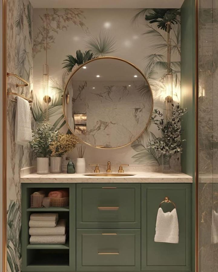 Green vanity and tropical wallpaper bathroom from @christinavoldhomes. Gold accents and natural woven details for green bathroom decor ideas.
