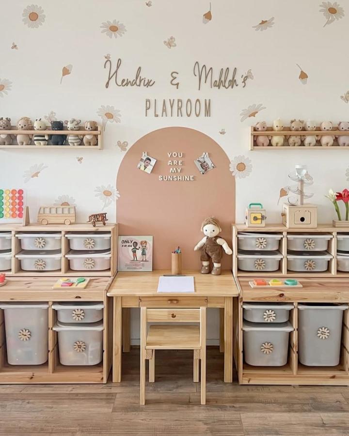 warm wooden ikea nursery storage ideas with daisy knobs in playful peach nursery from @hendrix.mahloh.winsley neat and inviting design
