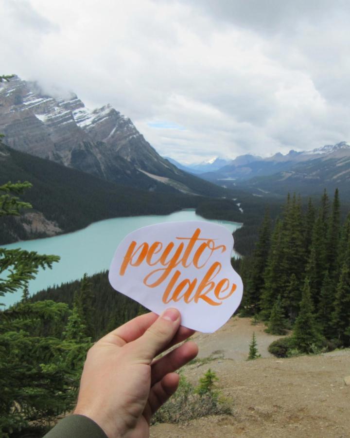 Bright orange brush lettering on cut paper held over scenic mountain and lake view from calligrascape mindful crafts for beginners.