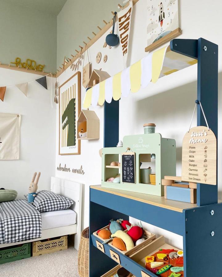 blue and natural wood market stall toy storage in nursery by @no_9designs featuring ikea nursery storage ideas with playful bins and food toys
