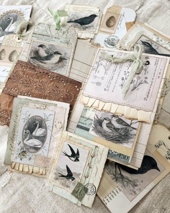 Vintage layered bird collage with embroidered fabric and old book pages by @sam_poole_designs featuring paper crafts for adults. Nostalgic and textured.