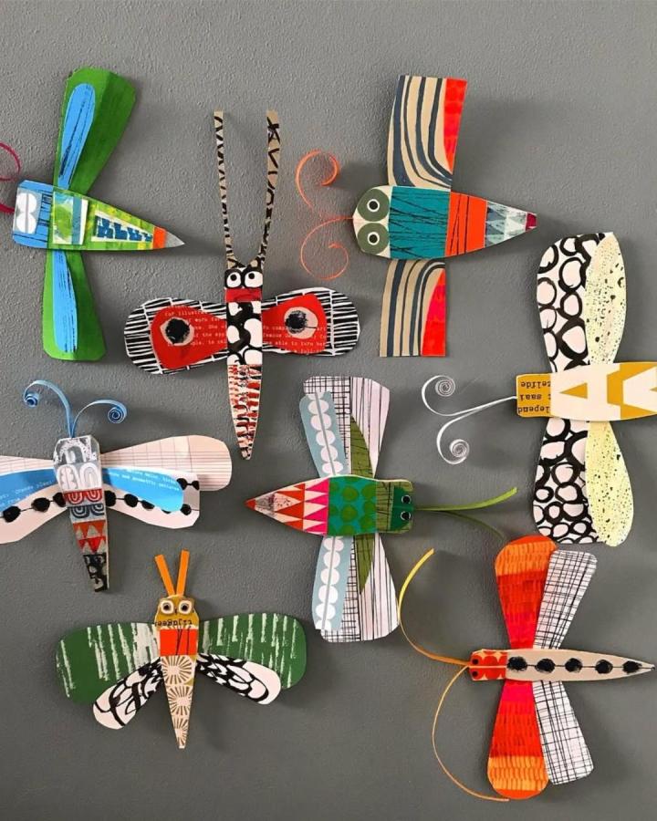 Brightly painted balsa wood and patterned paper insect sculptures by @clareyoungs showcasing paper crafts for adults with playful designs and textures