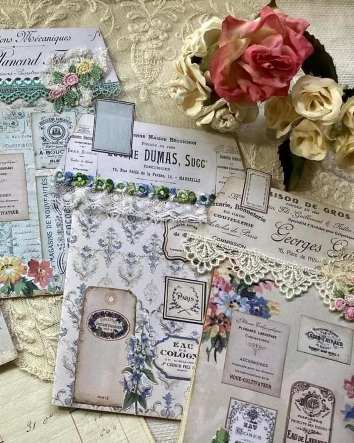 Vintage floral collage envelopes with lace and ephemera paper crafts for adults by @alittlebitgorgeous. Soft cream and pink tones evoke nostalgia.