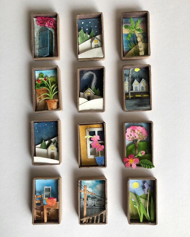 Miniature colorful matchbox dioramas showing nature and home scenes by @daydream_flowers paper crafts for adults.
