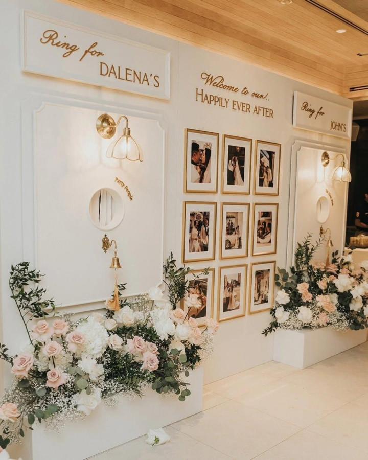 Soft blush and white floral decor with gold frames and vintage brass accents wedding bar ideas from @mepropsphuket2015 bright and elegant wedding setup