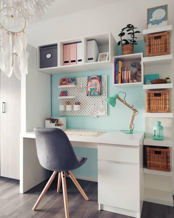 mint desk lamp and white skadis pegboard craft nook from @jk88gera with pastel blue wall and wicker baskets ikea skadis craft room ideas