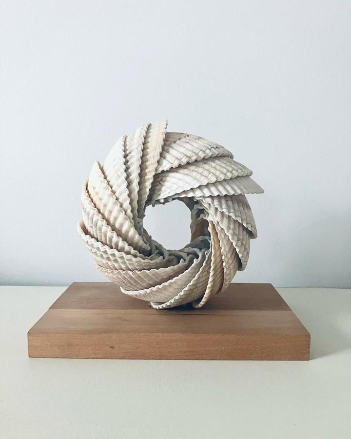 Ivory twisted seashell sculpture on wooden base by @beachykeenbykk showcasing layered coastal decor art piece indoors.