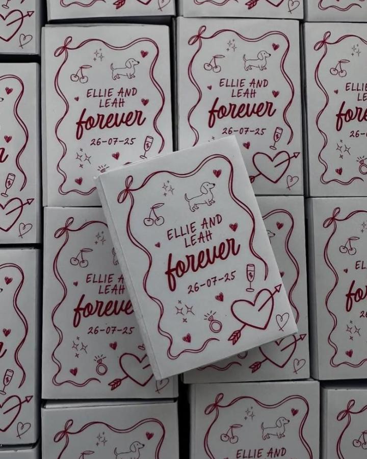 white mini matchboxes with burgundy custom doodles and wedding details by @madebyyourssincerely perfect wedding favor ideas keepsakes