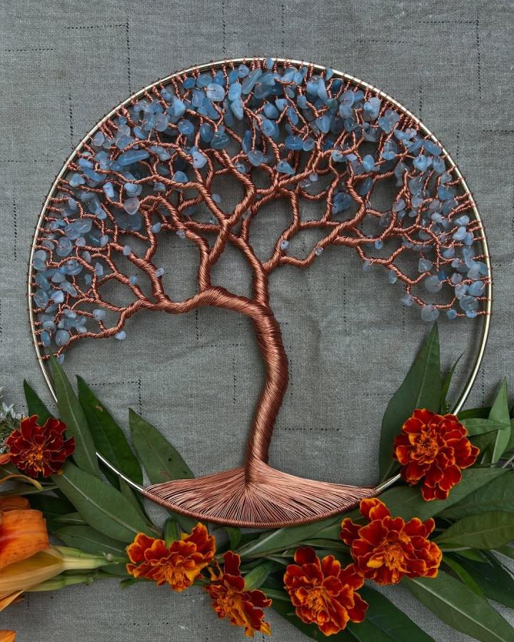 Copper wire tree sculpture with blue stone leaves by @joannagracedesign detailed nature-inspired handmade craft art.
