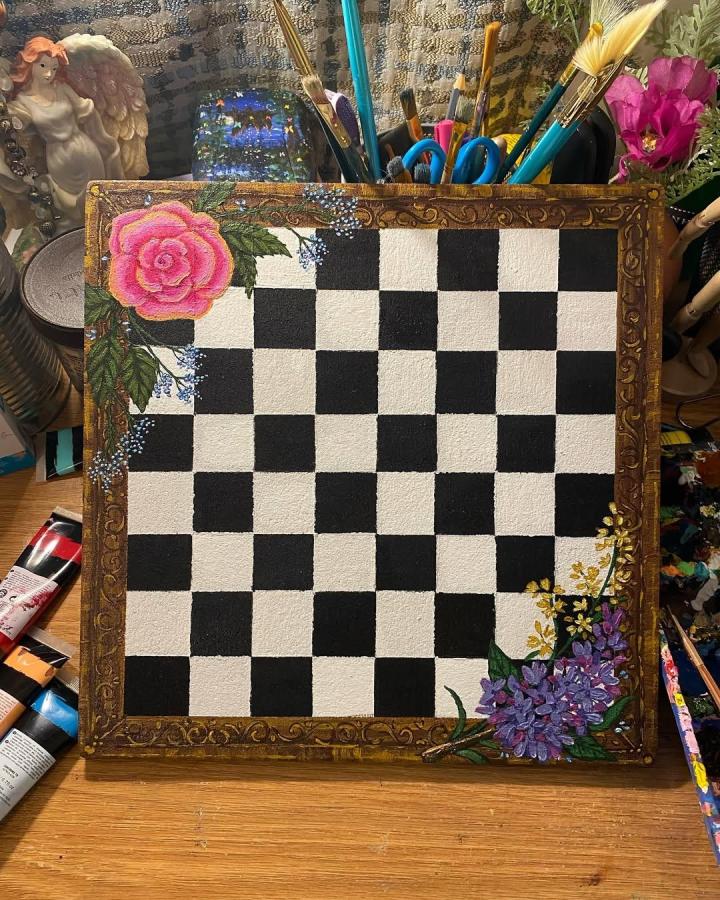 Pink and purple floral hand painted checkerboard cork board diy ideas from @let.the.erin with vintage style frame and art supplies.