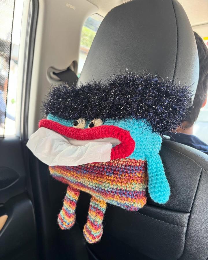 Bright multicolor and fuzzy yarn crochet tissue holder from @shivani10jan with quirky legs and red mouth detail for car use.