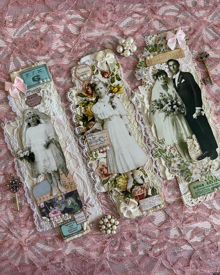 Vintage lace junk journal embellishments from @vintagepapergirl. Soft pink lace background with nostalgic black and white photos perfect for lace crafts for adults.