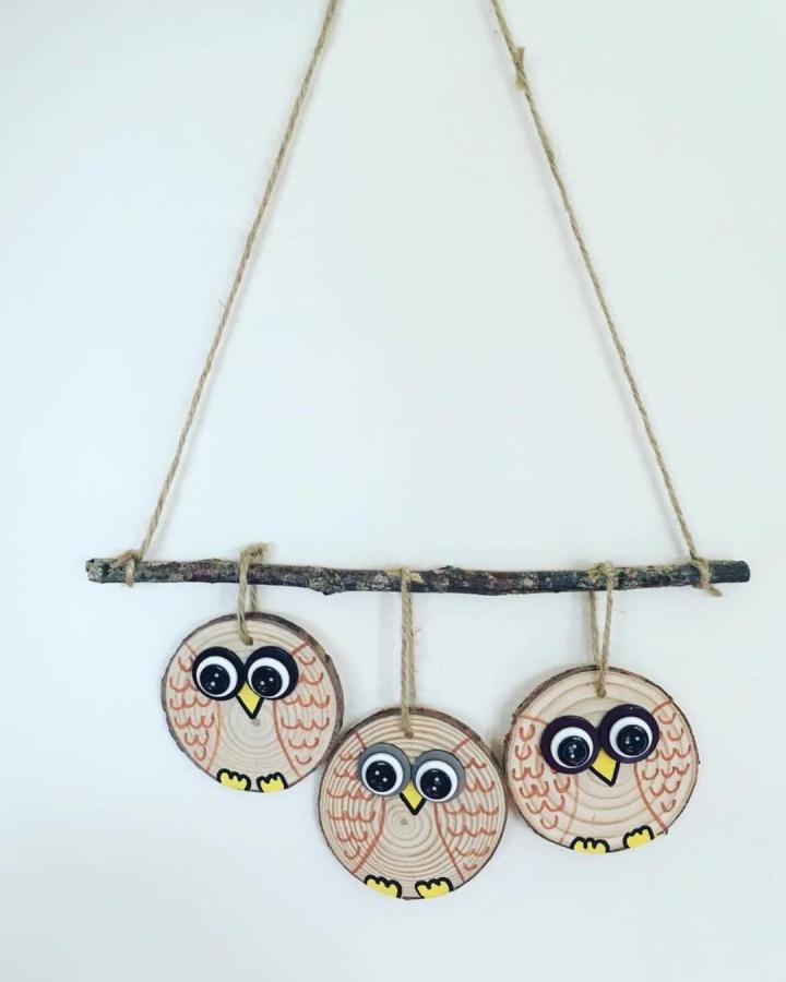 Natural wood slice owl crafts for adults by @em_l_walker hanging on twig with jute twine and playful eyes.