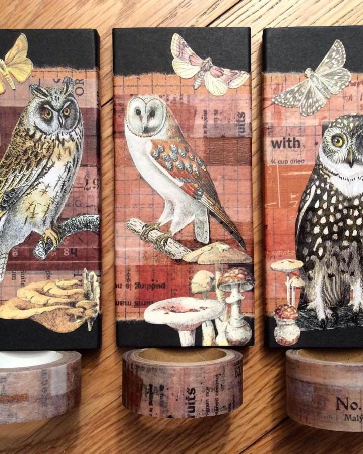 Rustic brown and black owl collage panels with moths and mushrooms on wood by @cosycornercrafts. Vintage inspired nature-themed craft pieces.