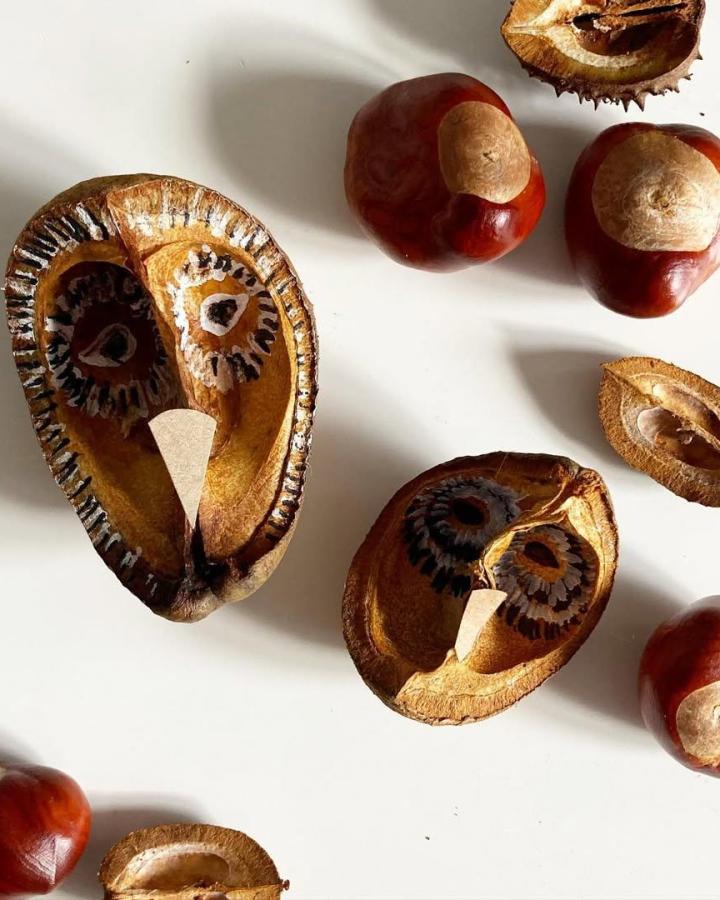 Seed pod owl faces crafted with natural materials from @thelittlemakersco showing detailed rustic textures and tiny card beaks.
