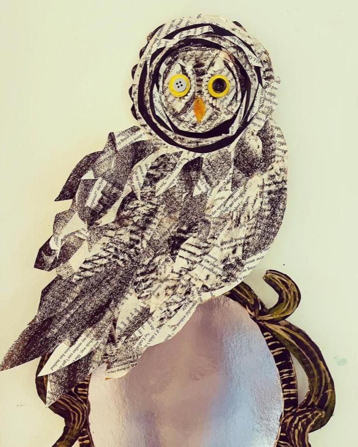 Vintage torn paper and button owl craft from @artandcraftmom. A charming mixed media piece perfect for owl crafts for adults.