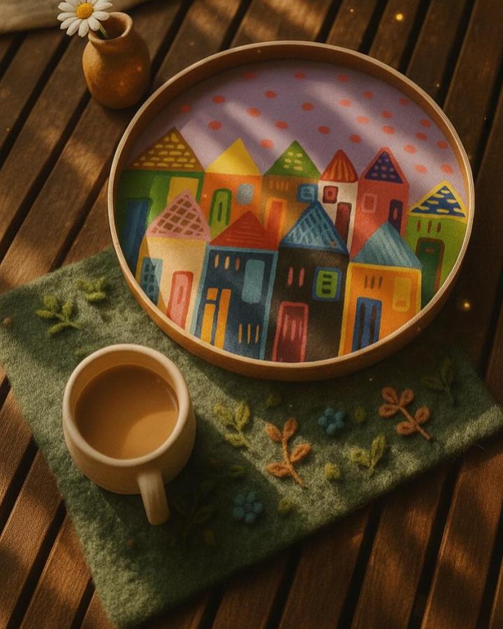 Bright colorful painted fabric art featuring whimsical houses from @artrays.co. Cozy handmade textile painting with bold shapes and hues.
