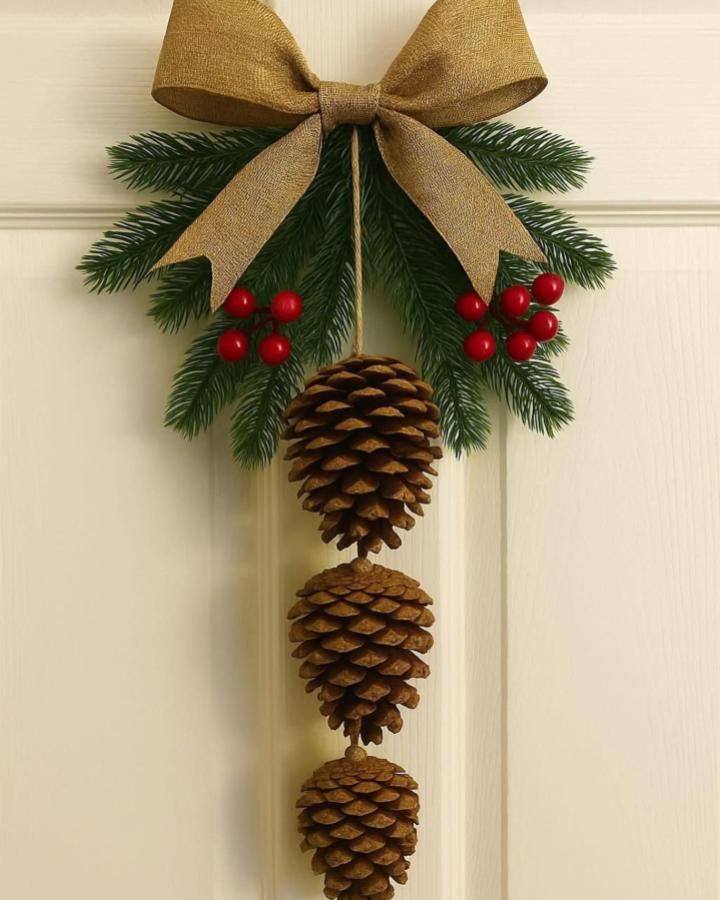 Brown pine cone garland with green pine sprigs red berries and gold bow from @gfdc9 hanging on white door holiday door decor.