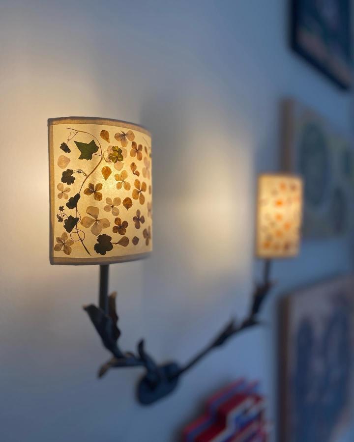 Pressed flower collage lamp shade glowing softly with natural browns and greens from @hooartist_studiogallery. Nature-inspired botanical lighting decoration.