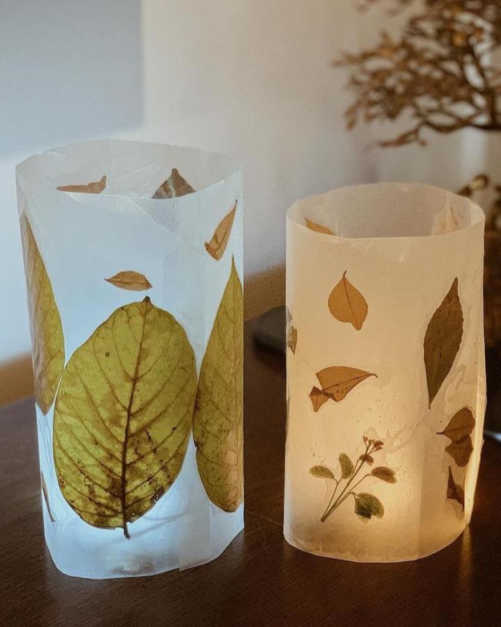 Pressed leaf crafts with amber and green leaves on translucent handmade lanterns from @everydaybacktoplay glowing softly on a wooden surface.
