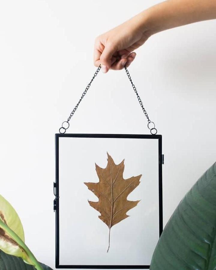 Brown dried leaf framed with black metal and chain from @pum_atelier_ displayed against a white background with green plants.