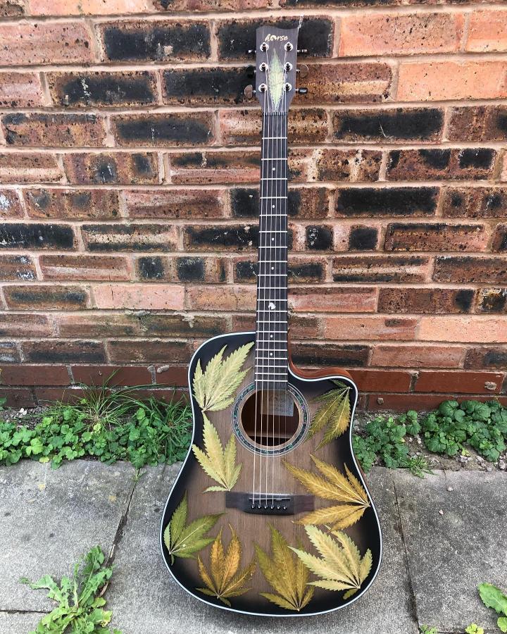 Autumnal pressed leaf art decorating guitar surface from @botanicalanarchist with earthy green and yellow tones. Natural botanical music design.