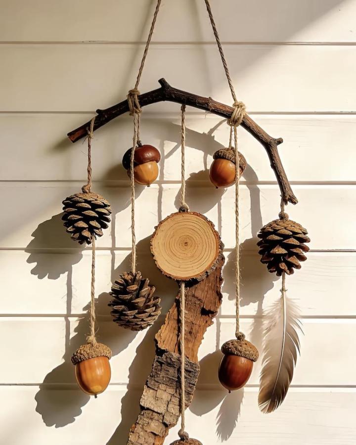 Natural twine wall hanging with pinecones, acorns, wood slice, and feather from @midnighthammer_ showing rustic forest-inspired decor.