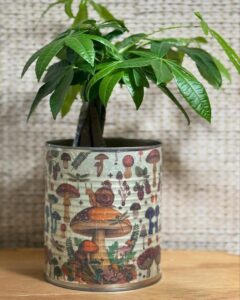 Decorative mushroom-themed tin container planter from @peacelovecreations with detailed forest illustrations and vibrant greenery inside.