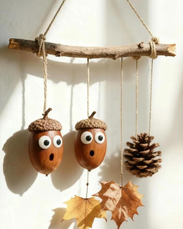 Natural wood acorn mobile with googly eyes and autumn leaves from @paper.art.creation featuring acorn crafts for adults whimsical design.