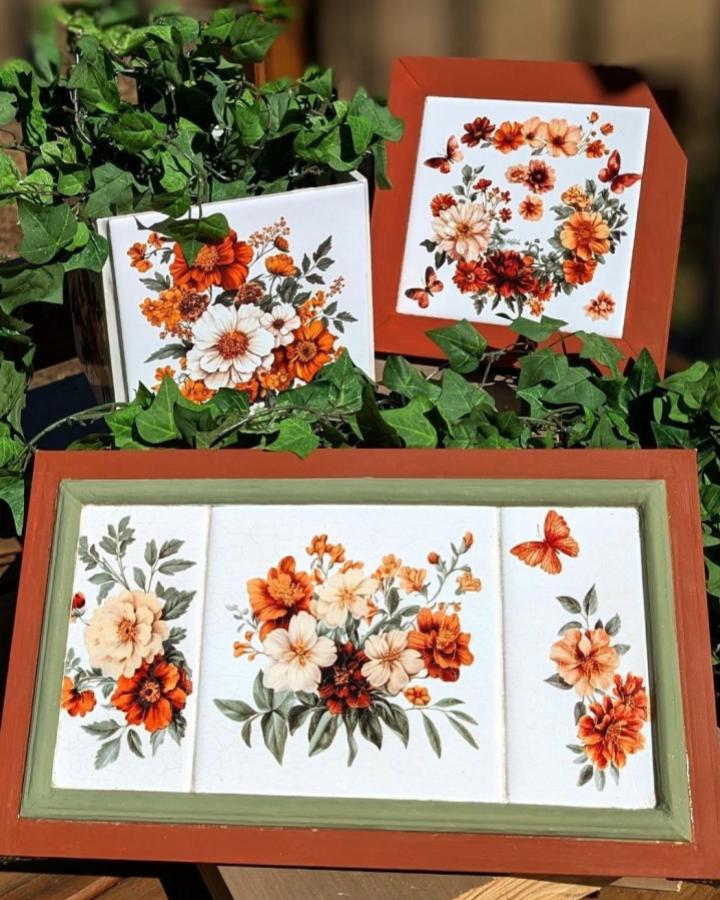 Burnt orange and cream floral tile tray, trivet, and planter from @tileartistry2922 featuring autumn-inspired handcrafted designs.