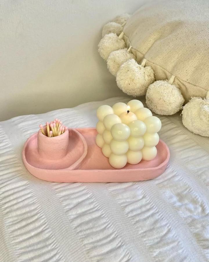 Blush pink clay candle holder tray and matchstick cup by @floofyclay featuring minimalist modern style clay candle holder craft ideas.