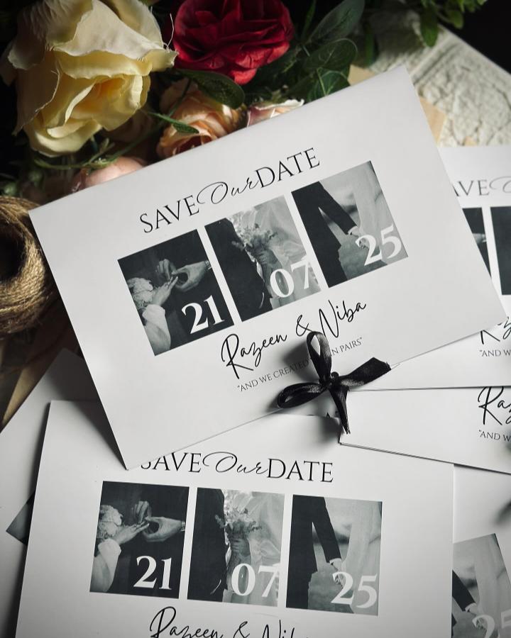 Black and white photo blocks with date numbers on minimalistic wedding save the date cards by @doodle_dots__ showcasing elegant typography and ribbon detail