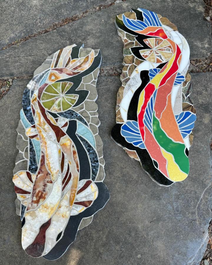 Earth tone and bright color mosaic wall art from @columbiarivertileandstone featuring mixed stone and tile textures in organic shapes.