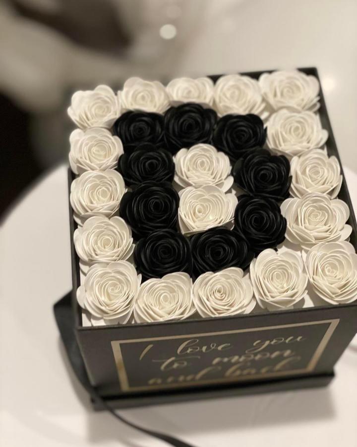 Black and white rolled paper roses arranged in a shadow box by @candiicrafts showing elegant floral decor with contrast and depth.