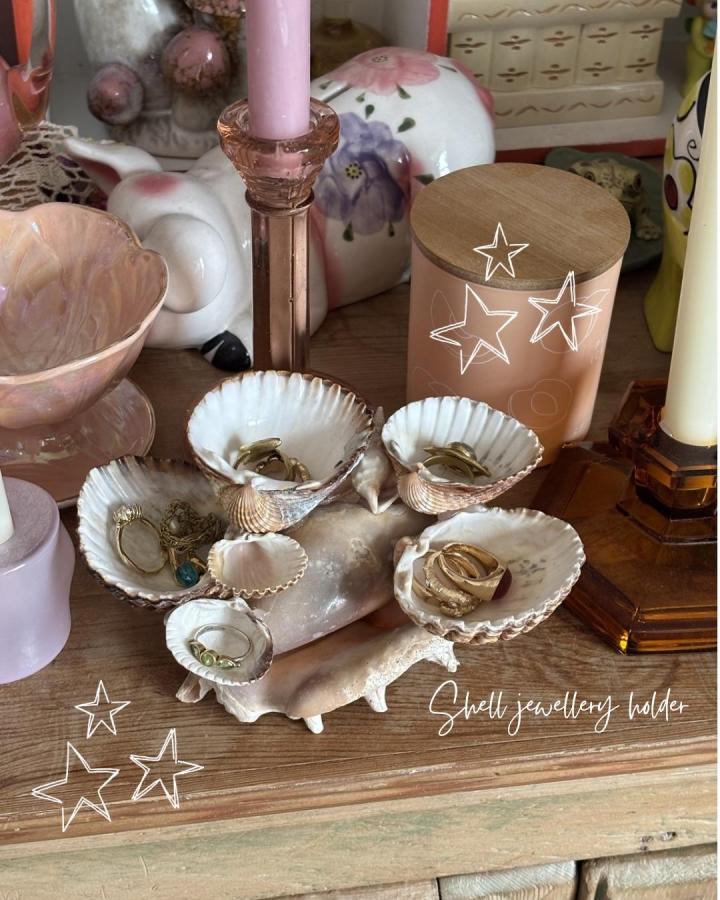 Pearly shell jewelry holder from @zsui_peach. Natural shells display rings and seaside treasures.