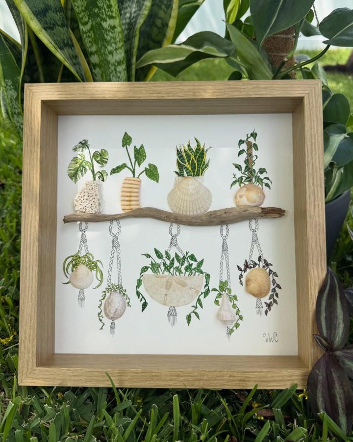 Warm wood framed botanical shell craft from @vibeswithincreations. beach crafts for adults featuring driftwood and macramé