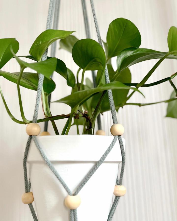 Gray cord and wooden beads hanging planter from @furryfibers. White pot holds a lush green plant.
