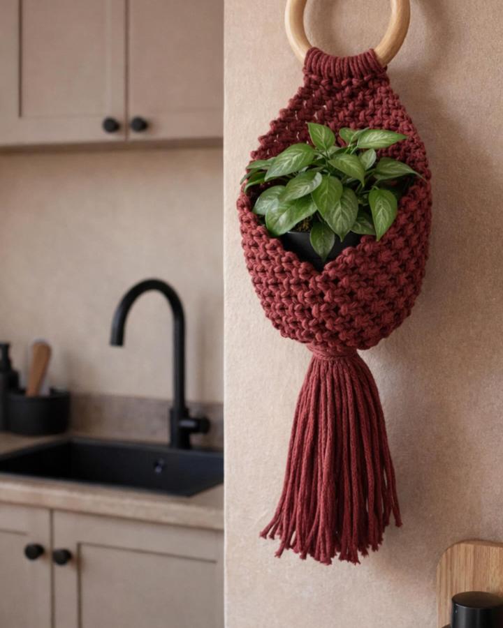 Burgundy woven kitchen plant hanger from @draadzaken. Wooden ring, leafy green plant, and long tassel brighten a neutral space.