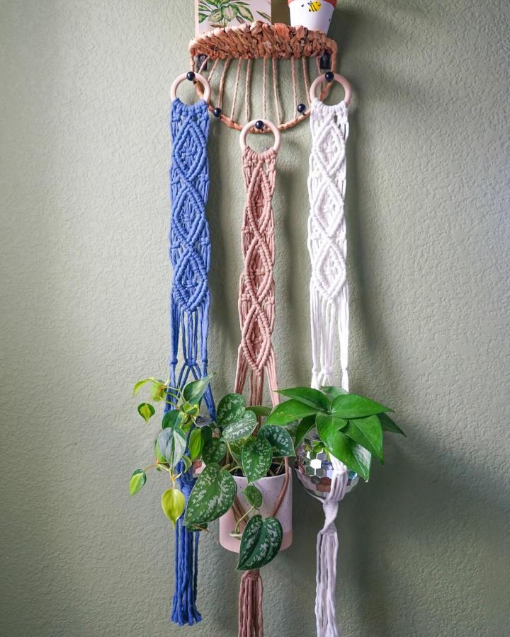 Blue, blush pink, and white diy macrame plant hanger from @ganxxet. Three ringed holders display leafy plants.