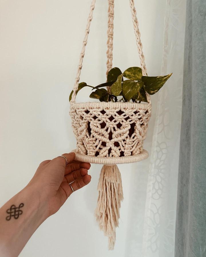 Cream diamond-knot hanging planter from @macramessage. Braided cotton holder with trailing green pothos.